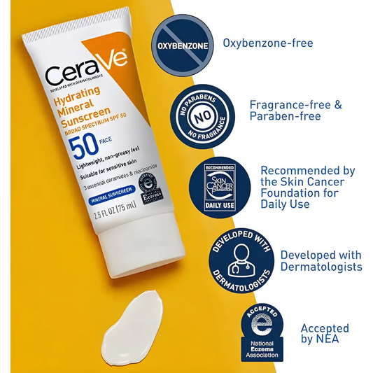 CeraVe Hydrating Mineral Sunscreen SPF50 - sunscreen