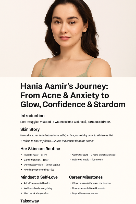 Hania Aamir with glowing skin and soft smile, representing confidence and skincare wellness.